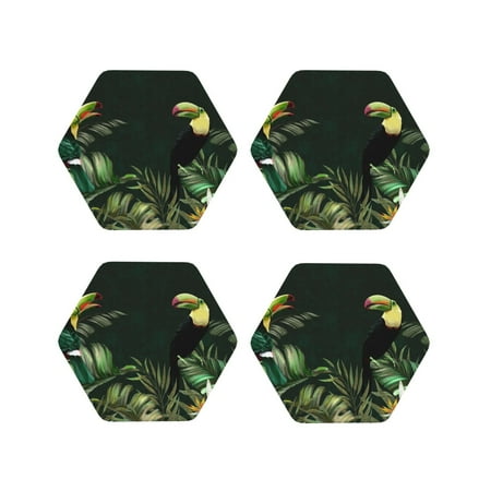 

Junzan Palm Leaves And Exotic Birds Print Coasters for Drinks - Leather Coasters Set of 4 for Coffee Table for Housewarming/Kitchen/Bar/Decor-Hexagon
