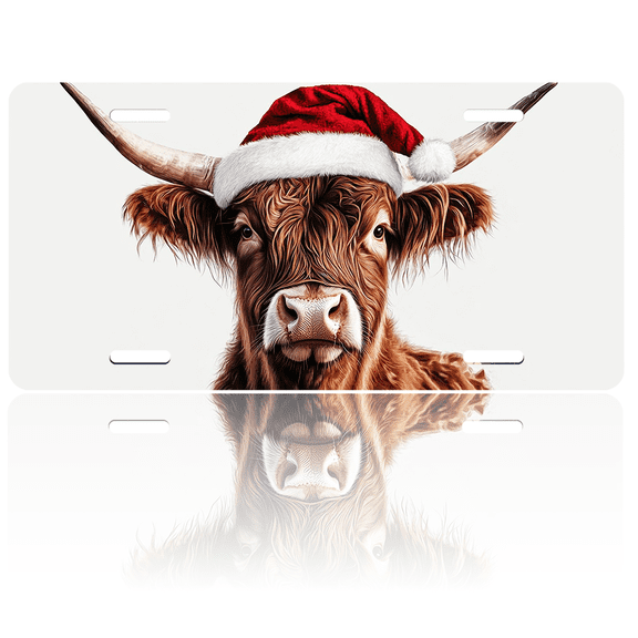 1 Pcs 2D Flat License Plate Covers & Frames, Cow wearing Santa For Decorative Front, Waterproof For Decoration Aluminum License Plate Covers & Frames Cover For Men Women, 12" X 6"