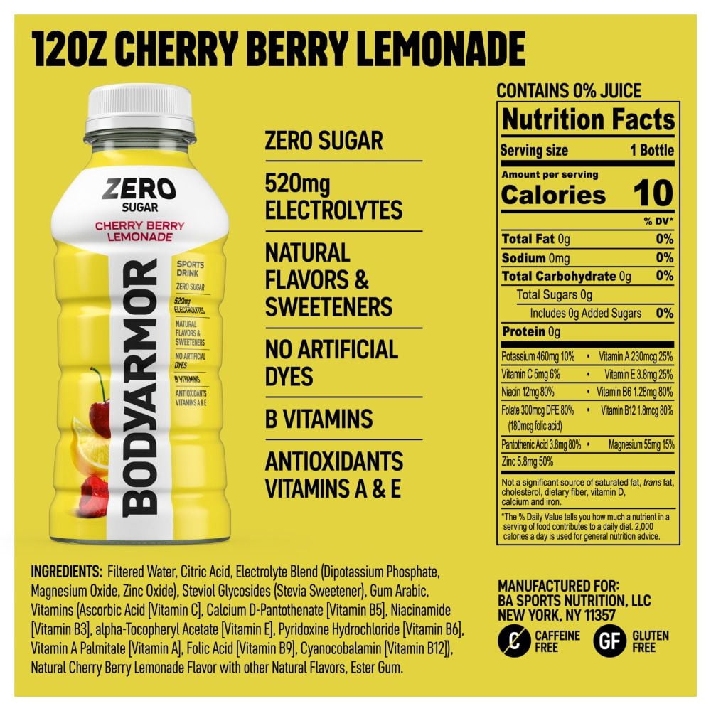 BODYARMOR Cherry Berry Lemonade Zero Sugar Sports Drink Bottles 8 bottles / 12 fl oz - Pack of 2