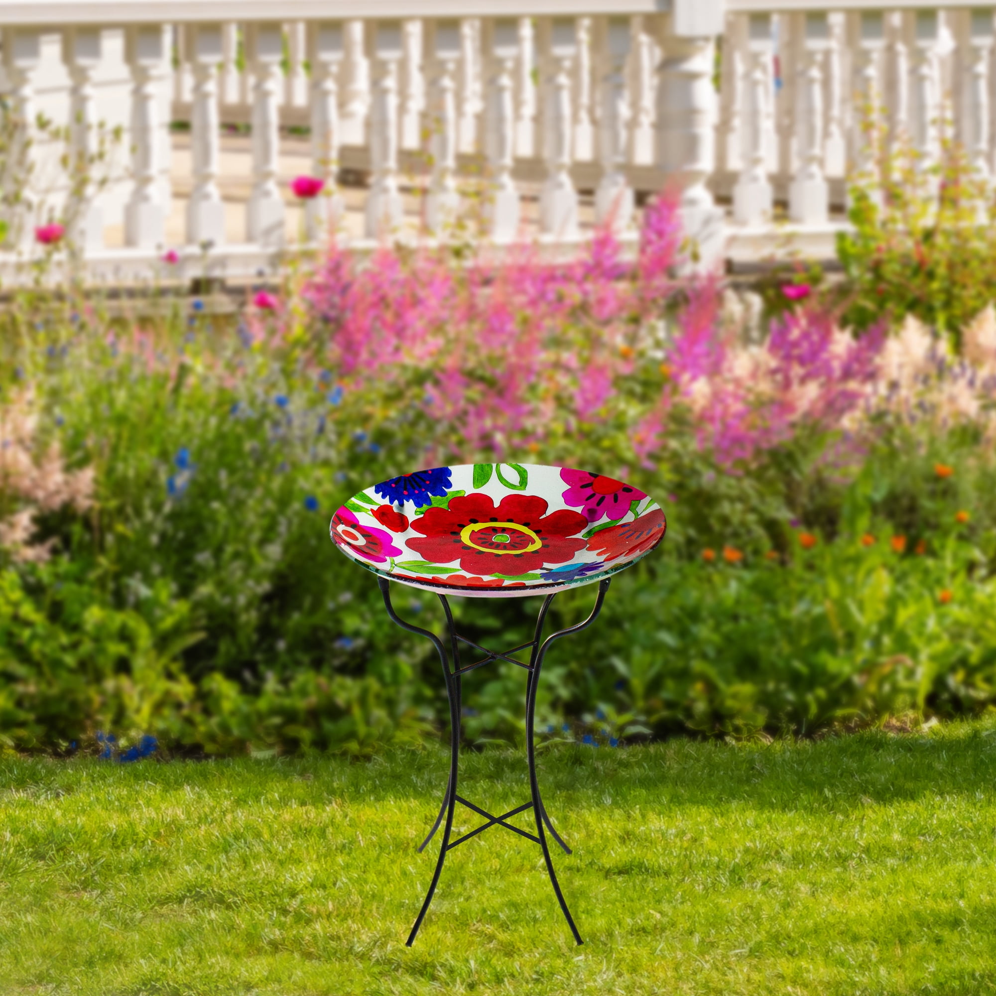 Northlight 18” Red and Blue Summer Flowers Hand Painted Glass Outdoor Patio Birdbath