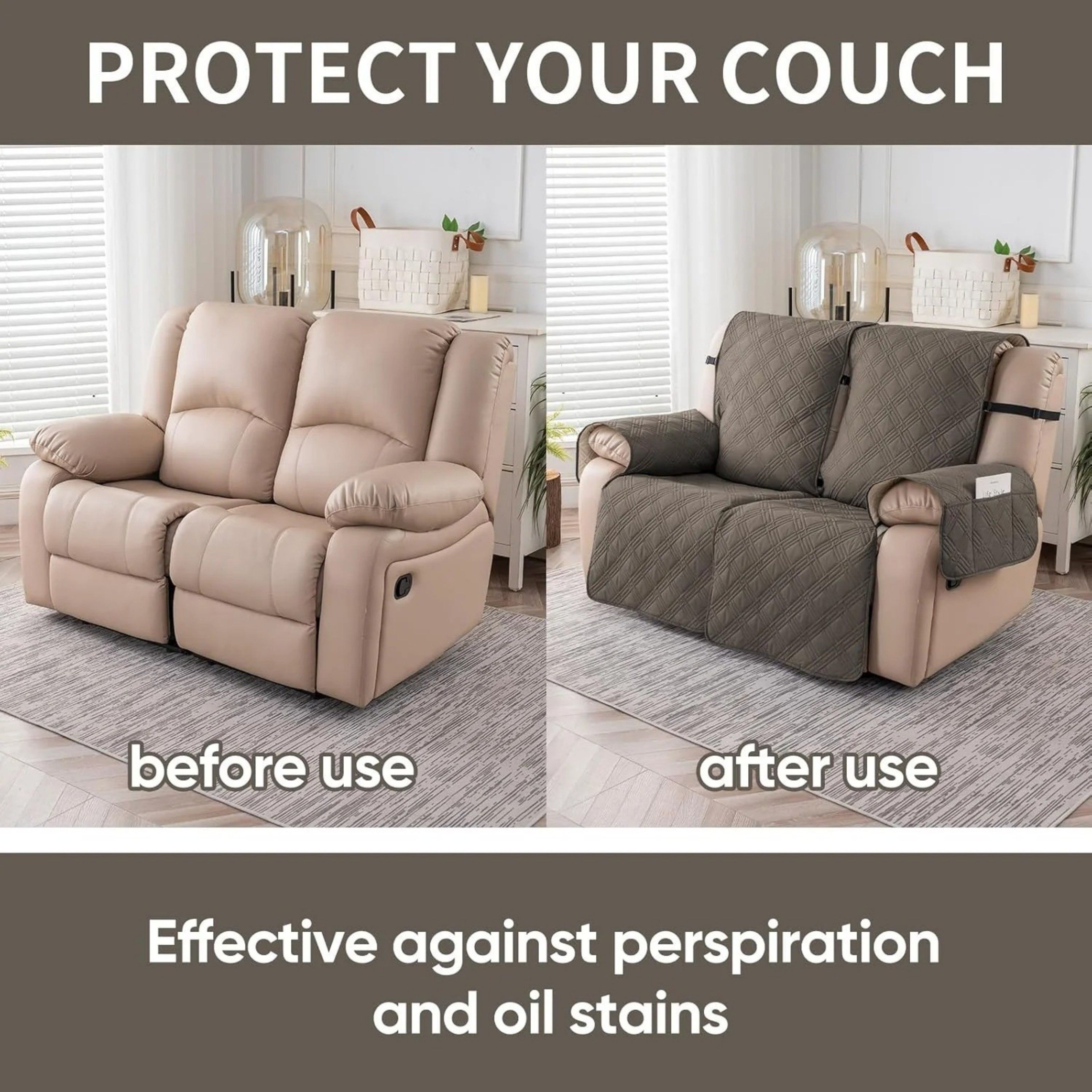 Lavish Cover 100% Waterproof Recliner Loveseat Cover, 2 Pieces Non-Slip Recliner Couch Slipcovers, Washable Furniture Protector with Pockets & Elastic Straps for Kids Pets, 2 Seaters, Gray Brown
