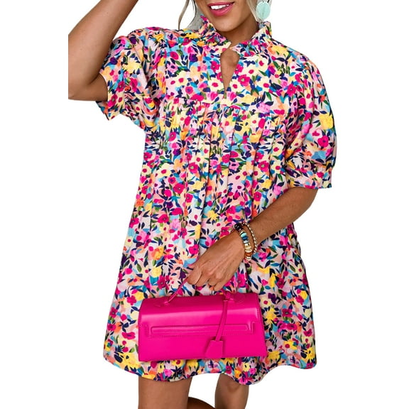 Women's Pink Floral Puff Short Sleeve V Neck Mini Dress - Elegant and Feminine - [ZhiHiMeRi] | (US 12-14)L