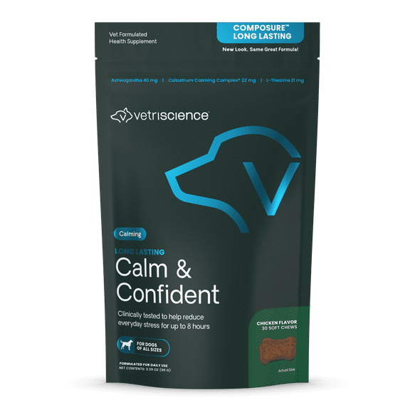 VetriScience Long Lasting Calm & Confident Anxiety Support Soft Chews for Dogs, Chicken, 30 Count Bag