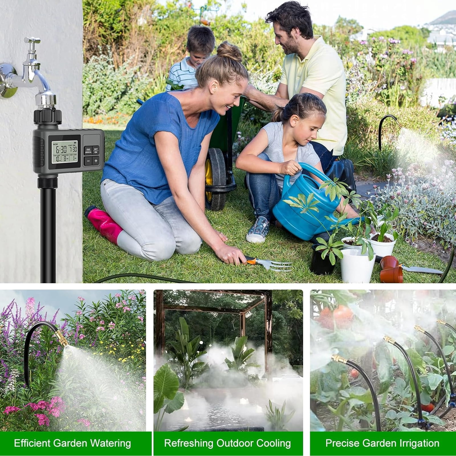 Petyoung 60FT Drip Irrigation System with Water Timer, Automatic Garden Watering Kit with Bendable Hose and Adjustable Nozzles for Greenhouse