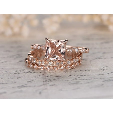 - 2 Carat Princess Cut Morganite and Diamond Trio Wedding Ring Set in Rose Gold