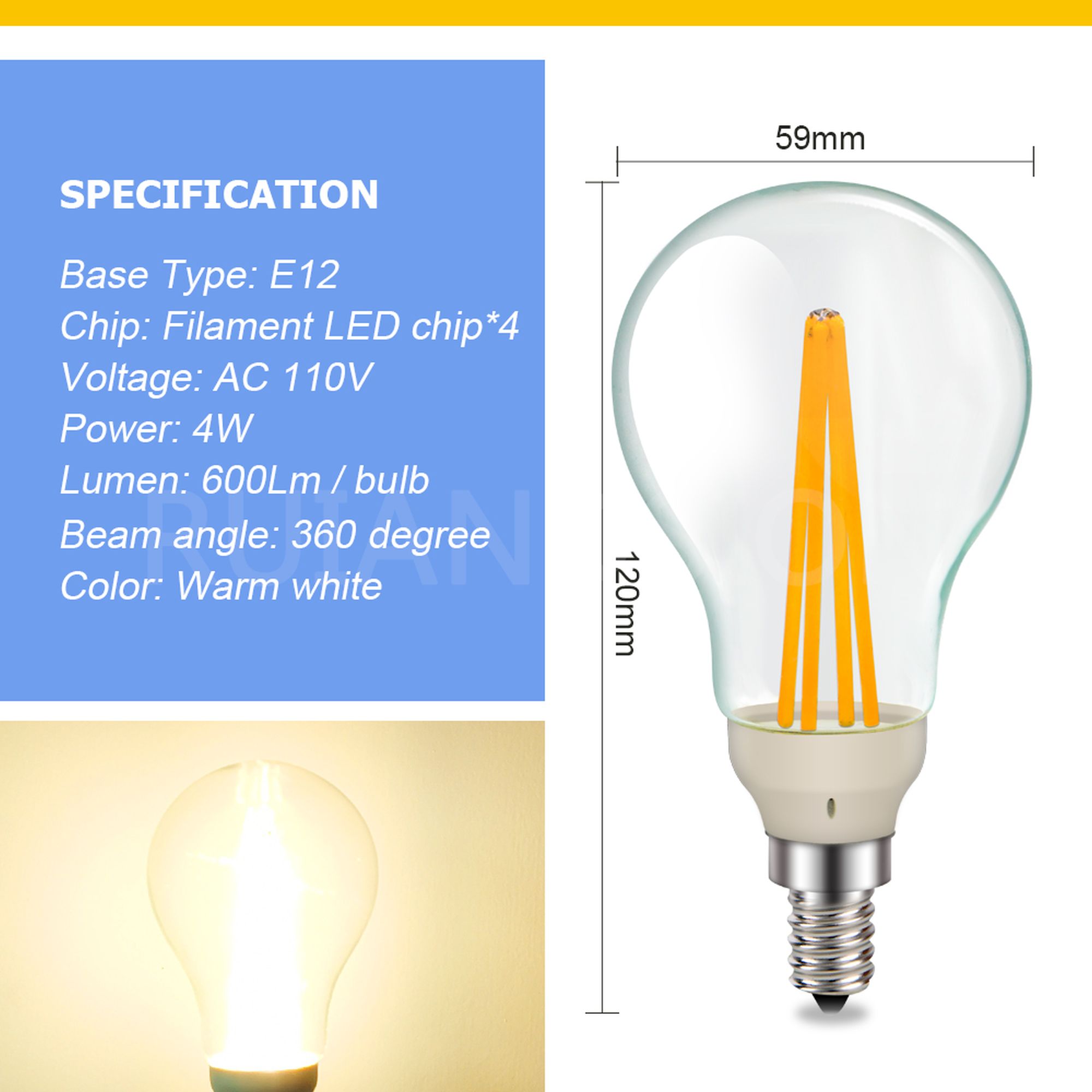Ruiandsion 10-Pack E12  Vintage Filament LED Bulb, 110V AC 4W 3000K Soft Warm Glow 600LM,Replacement for Candelabra Light,A19