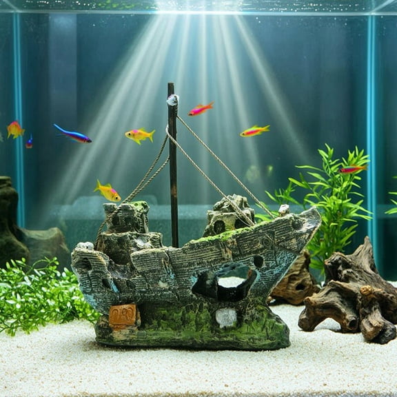 Aquarium Ornament, Solid Resin Sunken Ship Decoration with Hollow Holes, Fish Tank Landscaping Decor for Fish Shrimp Turtle Hideout