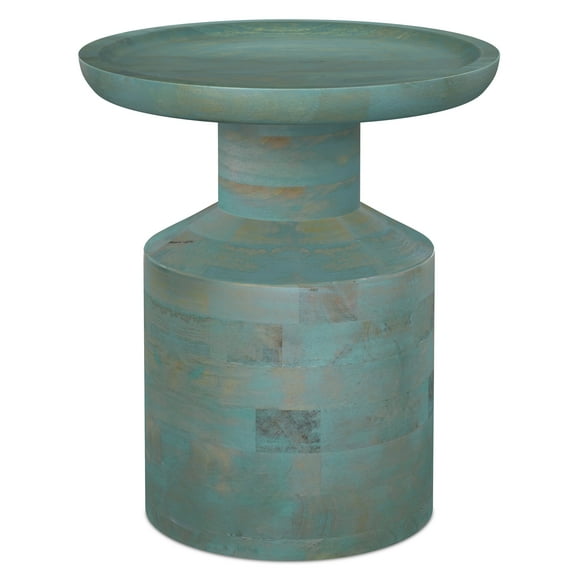 Haynes 16 inch Wide Solid Mango Boho Accent Table in Teal Wash, Assembled