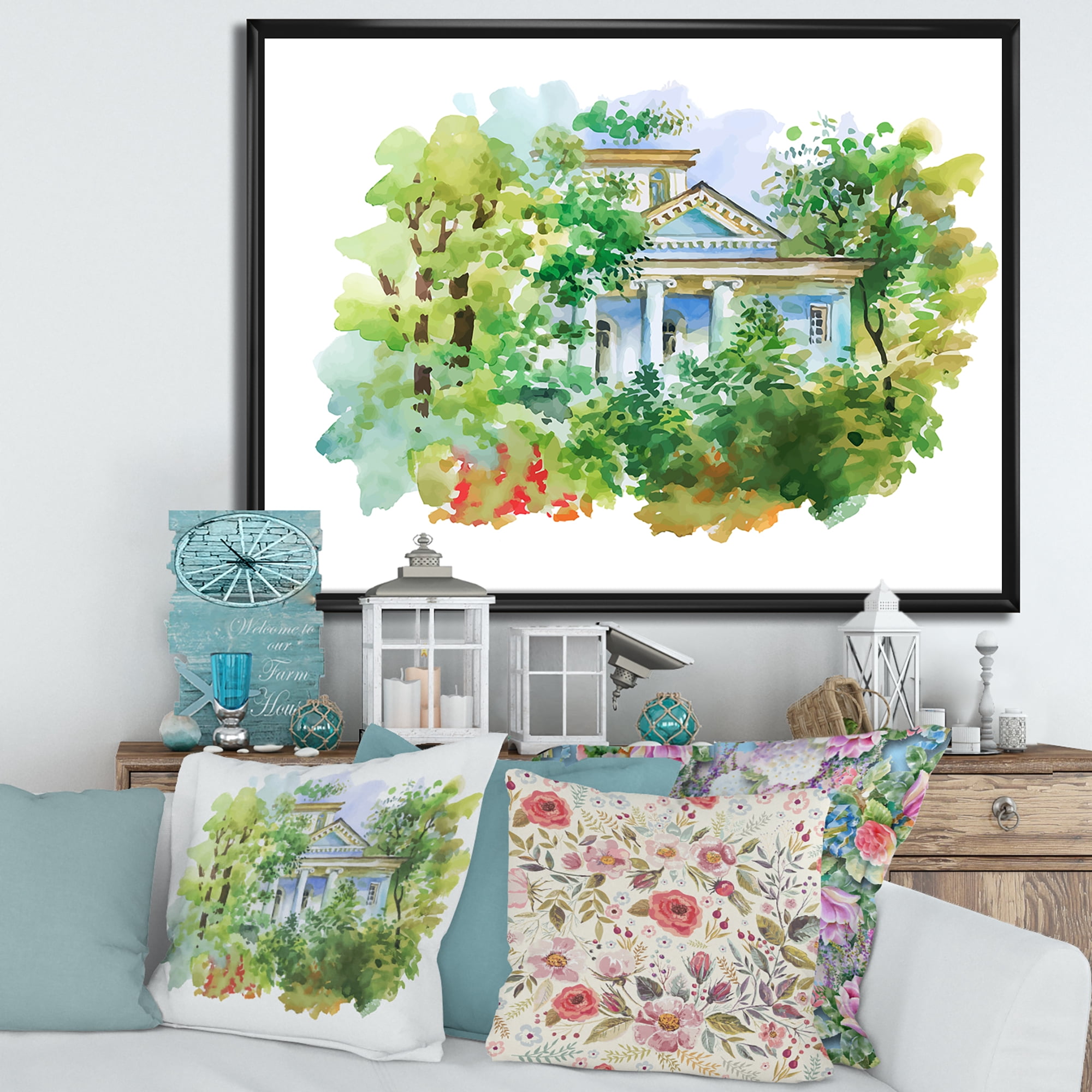 Designart 'White House In The Green Woods' Traditional Framed Canvas Wall Art Print