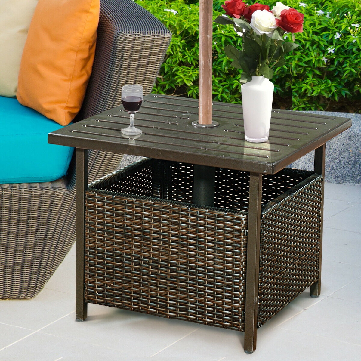 Costway Brown Rattan Wicker Steel Side Table Outdoor Furniture