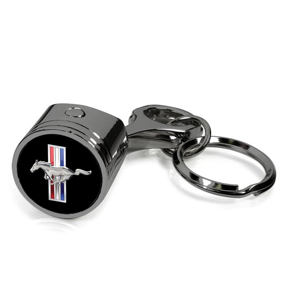iPick Image for Ford Mustang Tri-Bar Black-Chrome Finish Engine Piston and Rod Metal Key Chain, Official Licensed