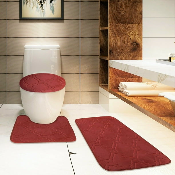 S 3Pc BURGUNDY Bathroom Set Bath Mat RUG, Contour, and Toilet Lid Cover