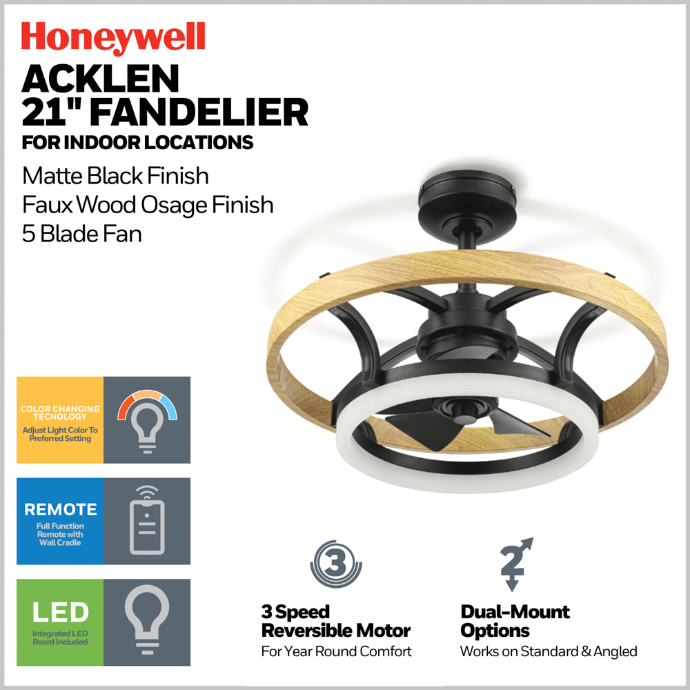 Honeywell Acklen Fandelier 21" Black Contemporary Indoor Ceiling Fan with Lights and Remote Control, Color Changing LED, Reversible Motor
