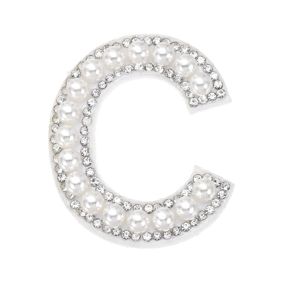 Uxcell Iron on Pearl Letter C Patches, Pearl Rhinestone A-Z Alphabet Self Adhesive Sew on Patches, Glitter Letter Applique for Clothes Fabric DIY Backpack, White