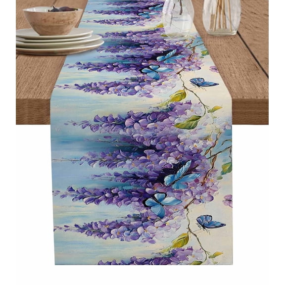 Butterfly Flower Table Runner 60 Inches, Pastoral Purple Painting Grunge Art Bed Runner Dresser Scarves Tabletop for Indoor Outdoor Parties/Ceremony/Banquet, 13" x 60"