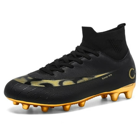 

Outdoor High Top Artificial Grass Men Soccer Boots Unisex AG Long Spikes Hard Grip Cleats Football Sport Sneakers Gold Sole