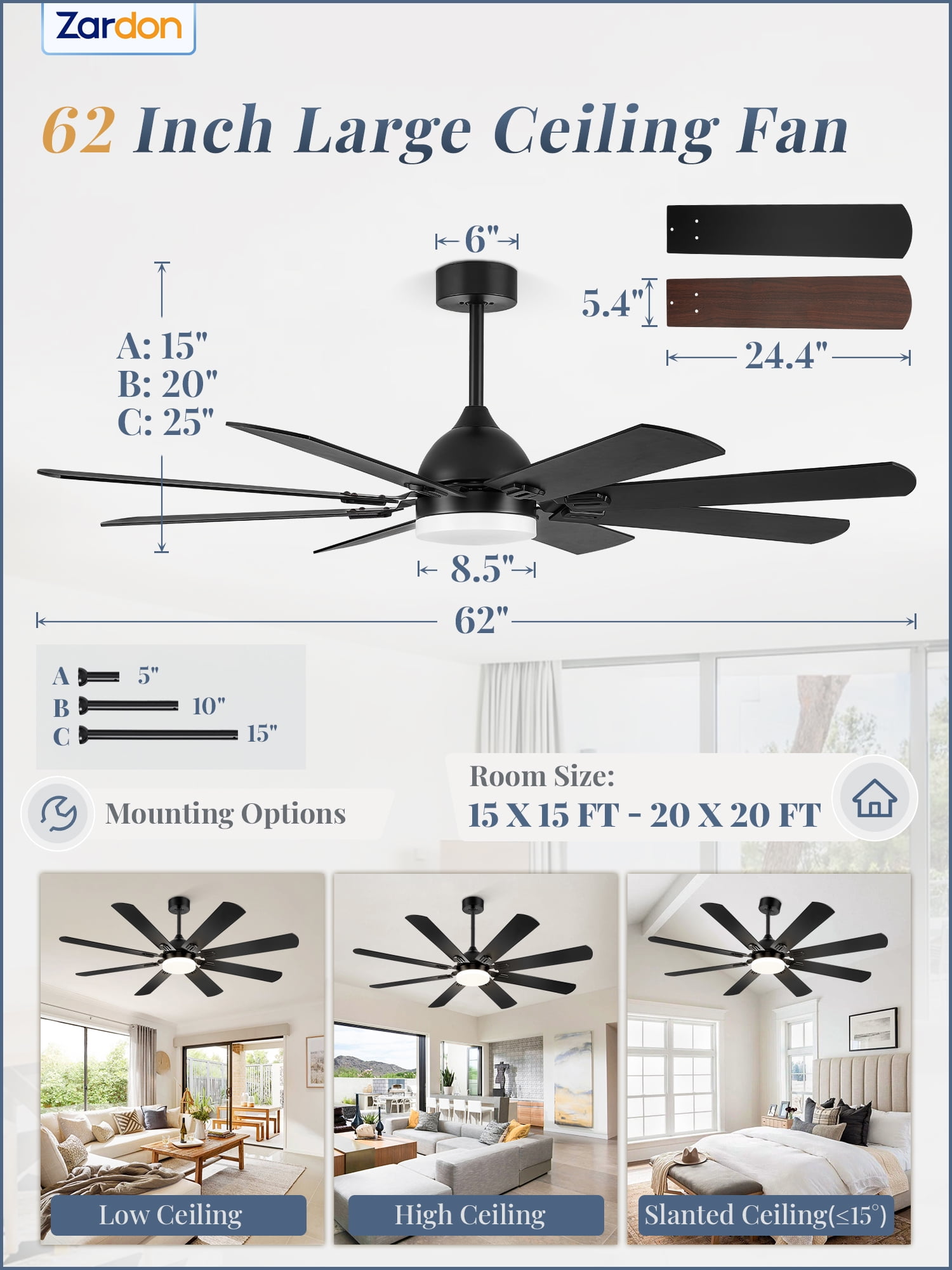 Zardon 62" Black Modern Ceiling Fan with Light and Remote Control, Reversible Quiet DC Motor, Bright LED Light, 6-Speed, Timer for Bedroom, Living Room