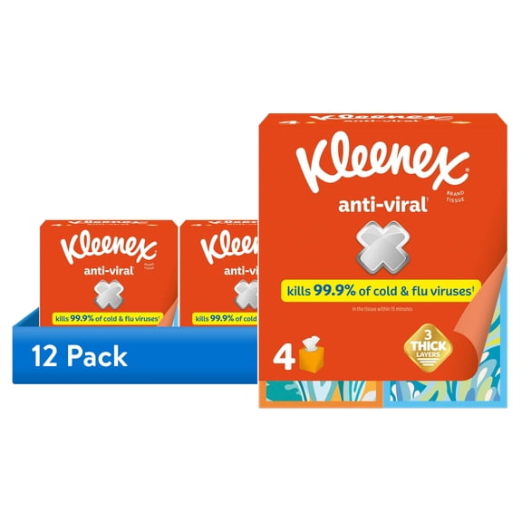 (12 pack) Kleenex Anti-Viral Facial Tissues, 4 Cube Boxes, 55 Tissues per Box, 3-Ply