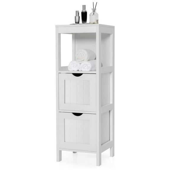 Small Bathroom Storage Cabinet, Freestanding Storage Organizer w/2 Removable Drawers & Open Shelf, Wood Side Corner Floor Cabinet for Entryway Living Room, Narrow Bathroom Cabinet (White)