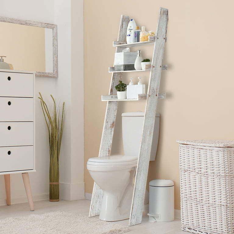 3-Tier Rustic Wood Over-the-Toilet Wall-Leaning Ladder Storage Shelves
