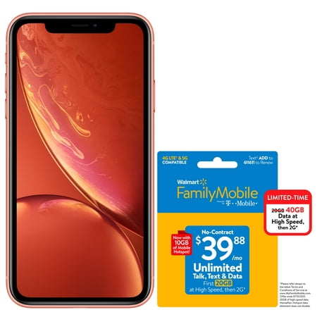 Walmart Family Mobile Apple iPhone XR, 64GB, Coral- Prepaid Smartphone + WFM $39.88 UNLIMITED