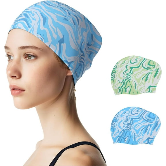 2 Pack Swim Cap Women Adult - Stylish Silicone Swim Cap for Long Hair - Waterproof Swim Caps for Girls Women - Comfortable Fit for Pool, Beach