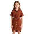 thumbnail image 2 of FYDUU Toddler Girl Summer Casual Dress Girls Summer Casual Dress Short Sleeve Button Front Pleated Waist A-Line Solid Color Dresses 7-8 Years, 2 of 7