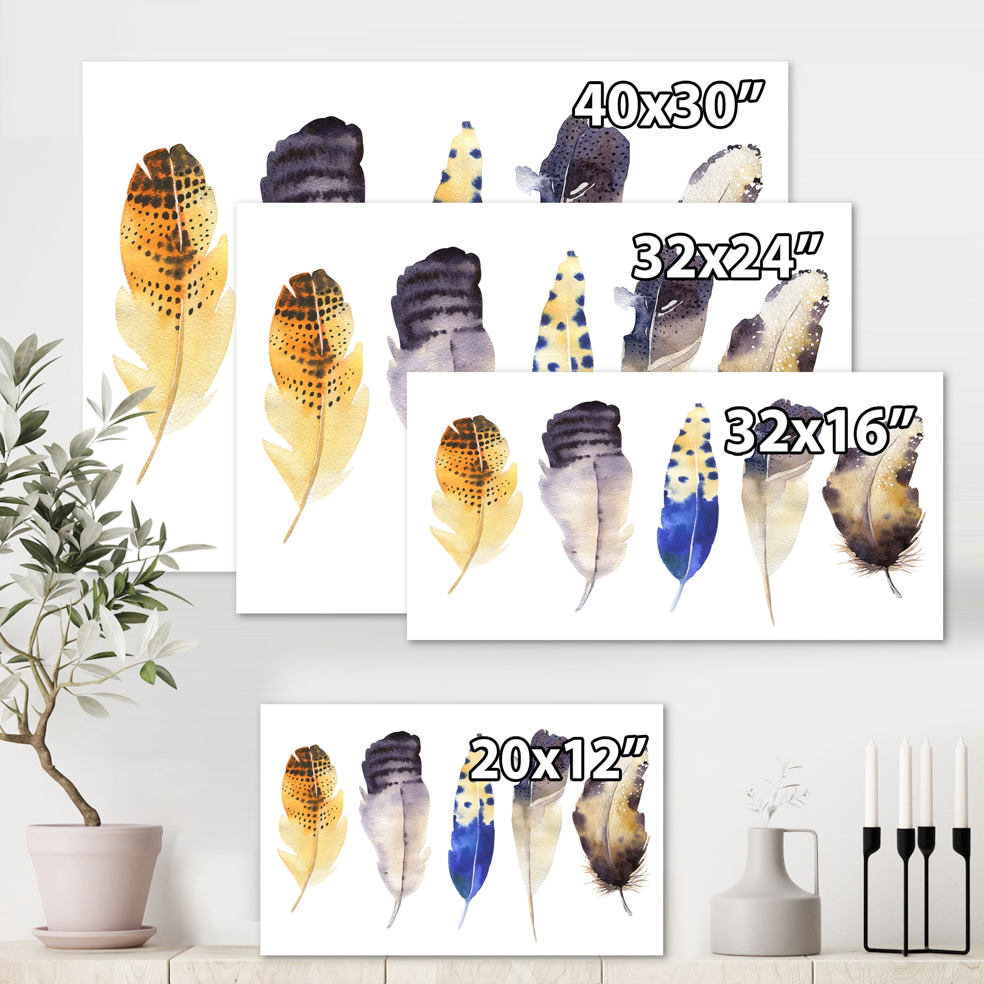 Designart ' Colourful Boho Art Feather Set I ' Bohemian & Eclectic Canvas Wall Art Print