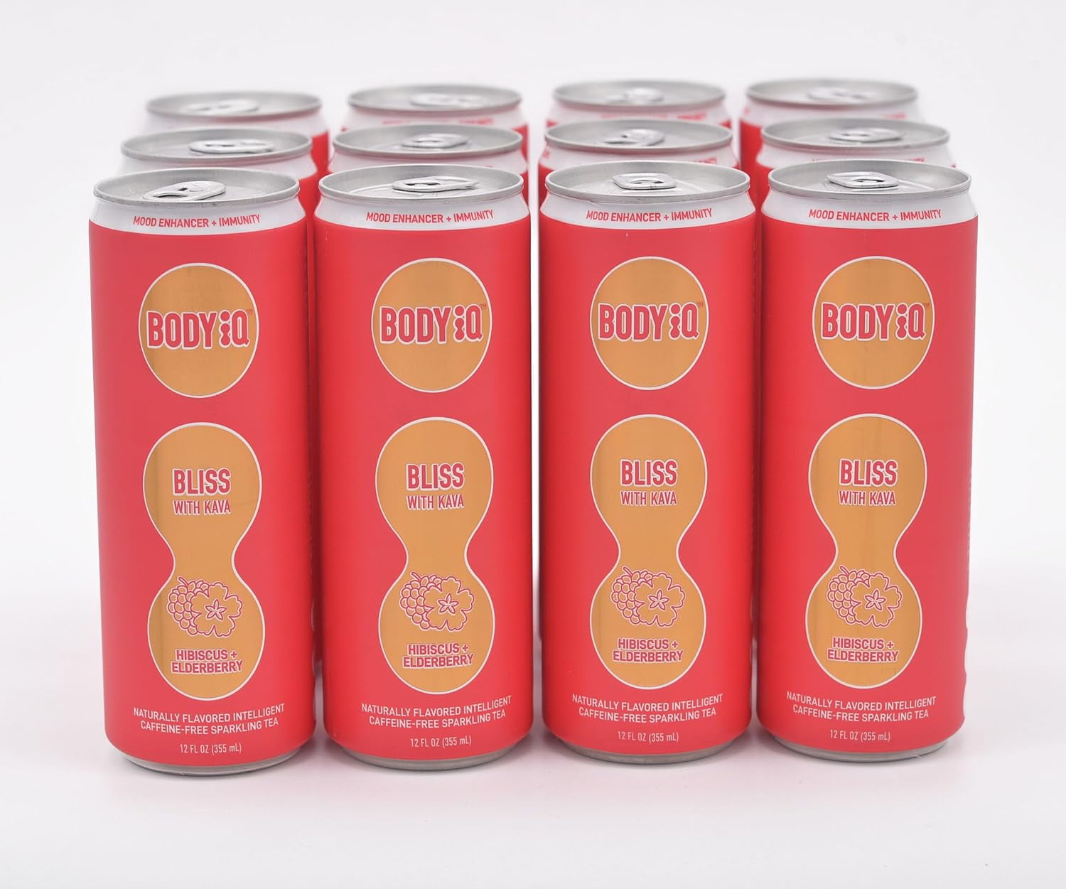 Pack of 12, Body Iq Bliss with Kava Hibiscus & Elderberry Sparkling Tea, 12 fl oz