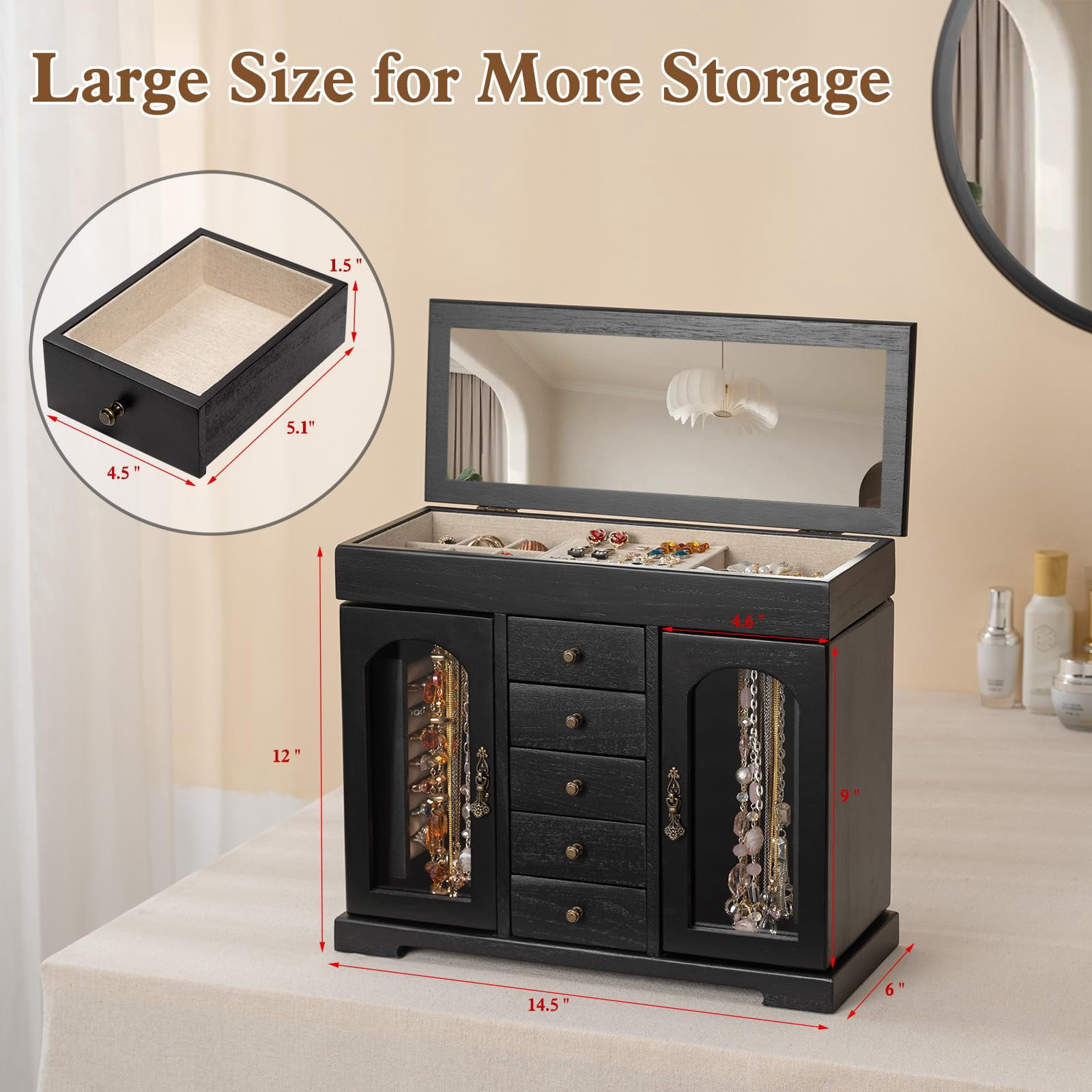 Sfugno Jewelry Box for Women Girls, Wooden Jewelry Organizer Box with Mirror, 5 Layer Jewelry Storage Case,Black