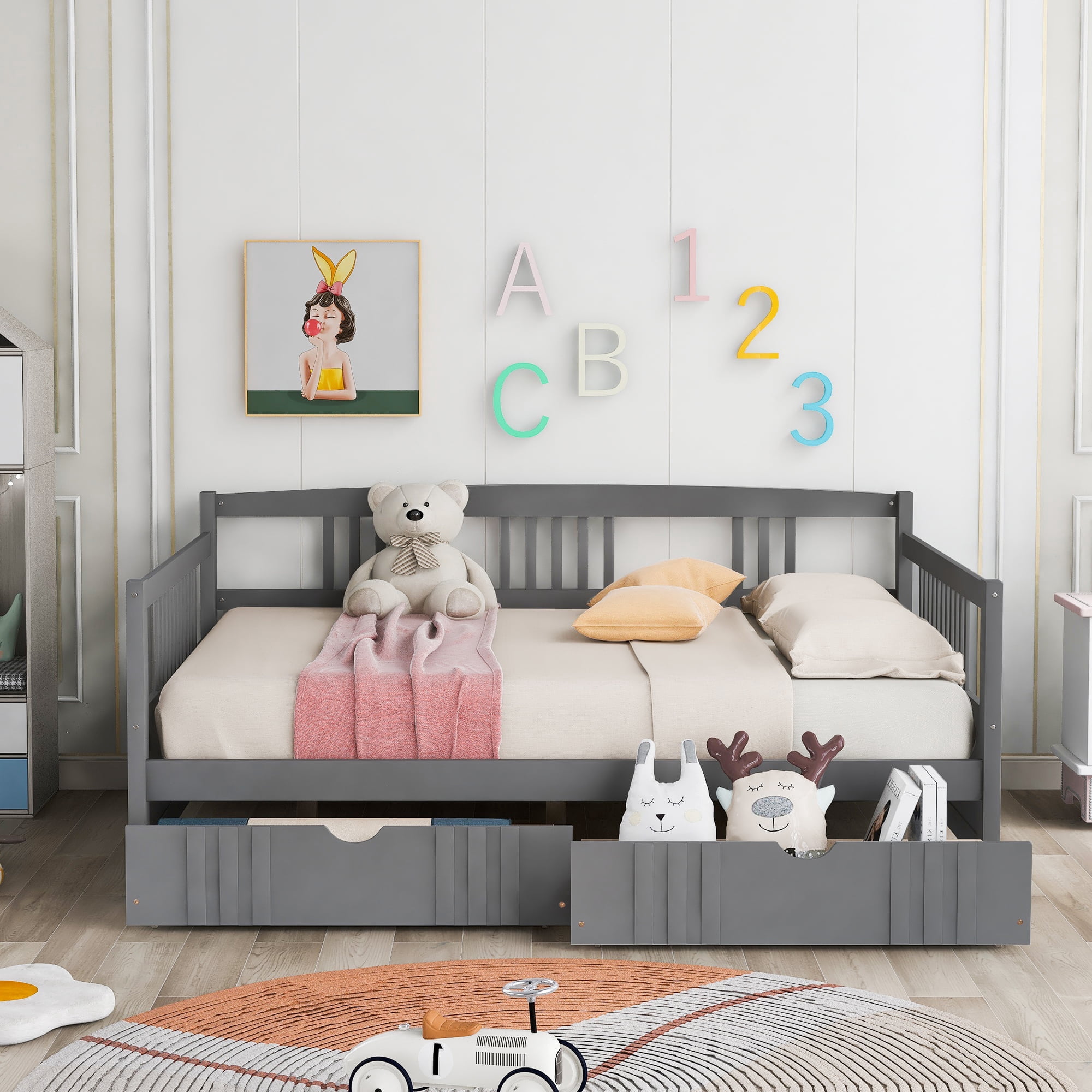 Aukfa Wooden Full Daybed with Storage Drawers, Gray