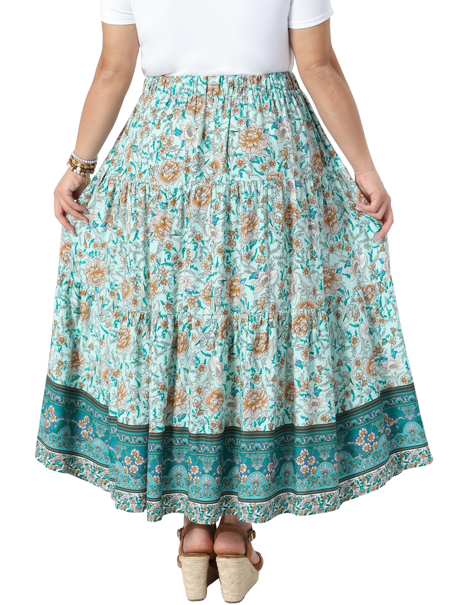 DARING DIVA Women's Plus Boho Maxi Skirt A-Line Tiered Long Skirts 2X Light Green