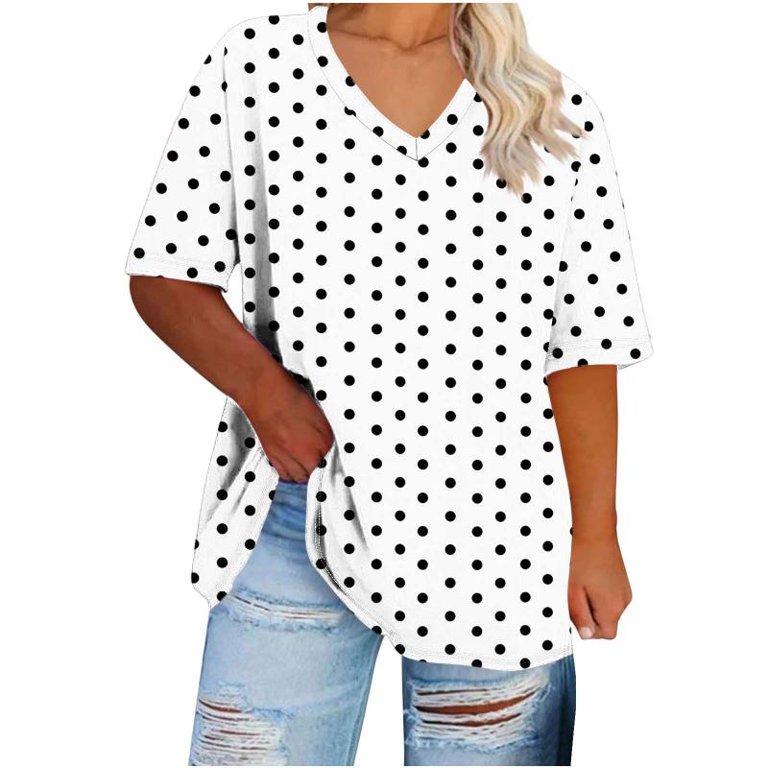 QUNYINEY Polka Dot T Shirts for Women Short Sleeve Casual V Neck
