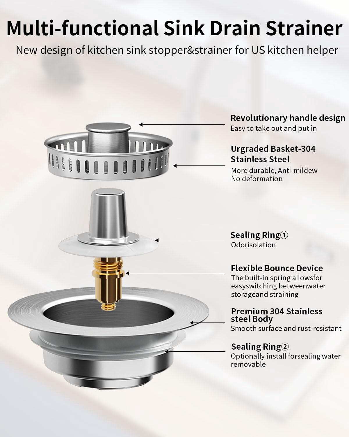 NexTone 3 in 1 Kitchen Sink Drain Strainer [304 Stainless Steel Pop Up] Anti-Clogging Kitchen Sink Drain Stopper Stainless Steel Efficiently Drainage Odor Filter Sink Plug for Us Standard 3-1/2 Inch