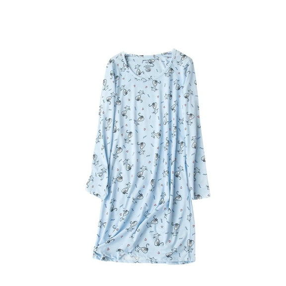 IQPE Women‘s Long Sleeve Nightgown Knitting Cotton Cute Cartoon Print Loose Fit Sleep Dress Loungewear Hot Pink