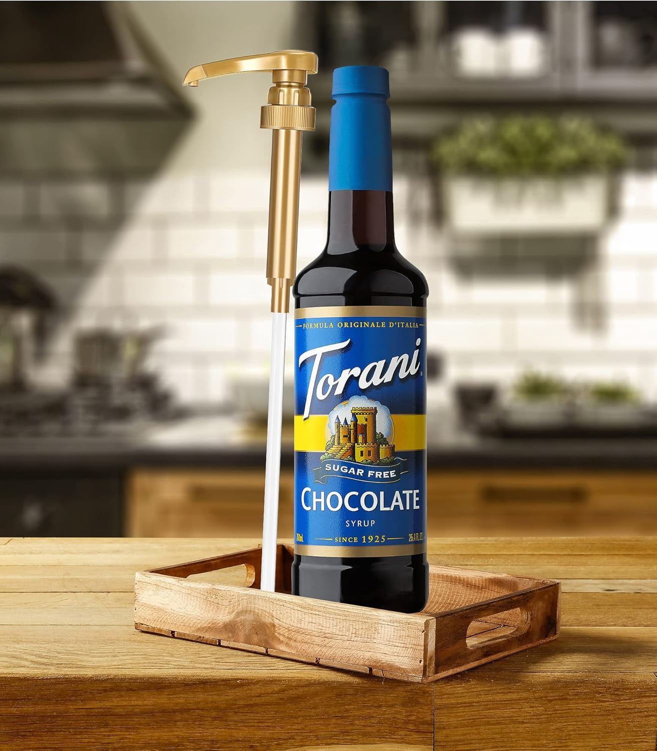 Torani Sugar Free Chocolate Syrup, 750mL (25.4 fl oz) Bottle + Gold Pump