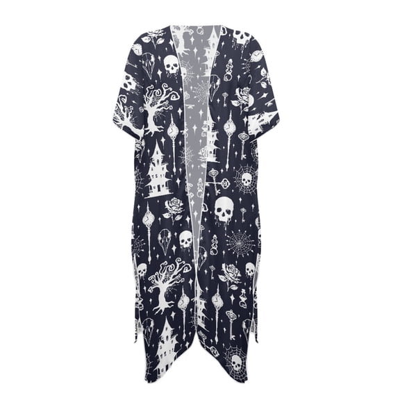HELLHERO Long Loose Bathing Suit Cover Up for Summer High Quality Fabrics Casual Long Kimono Swimsuit Cover Up Gothic Patterns Skull Castle