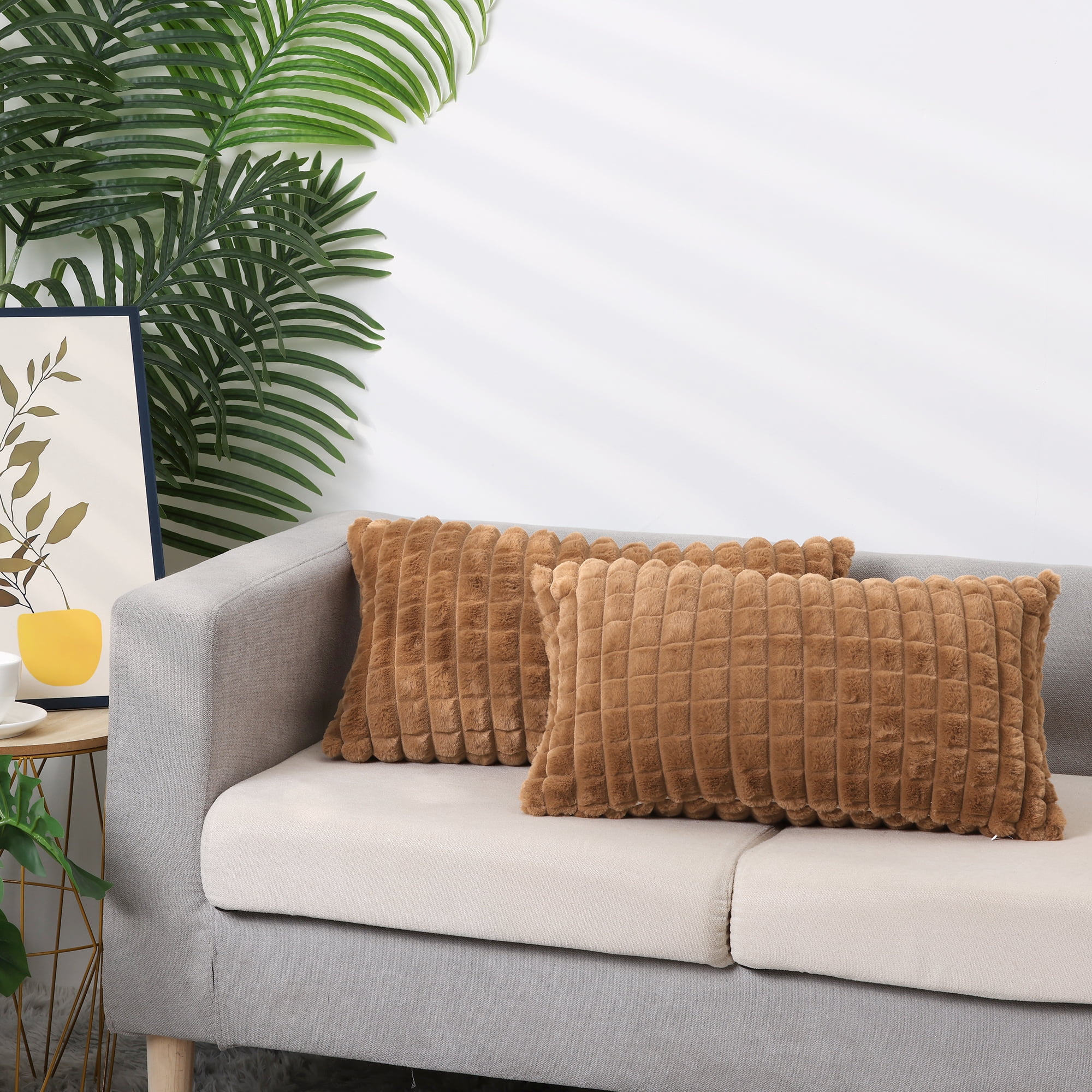 Unique Bargains 4 Pcs Checkered Faux Fur Plush Throw Pillow Covers Home Decor Pillowcases Brown 12" x 20"