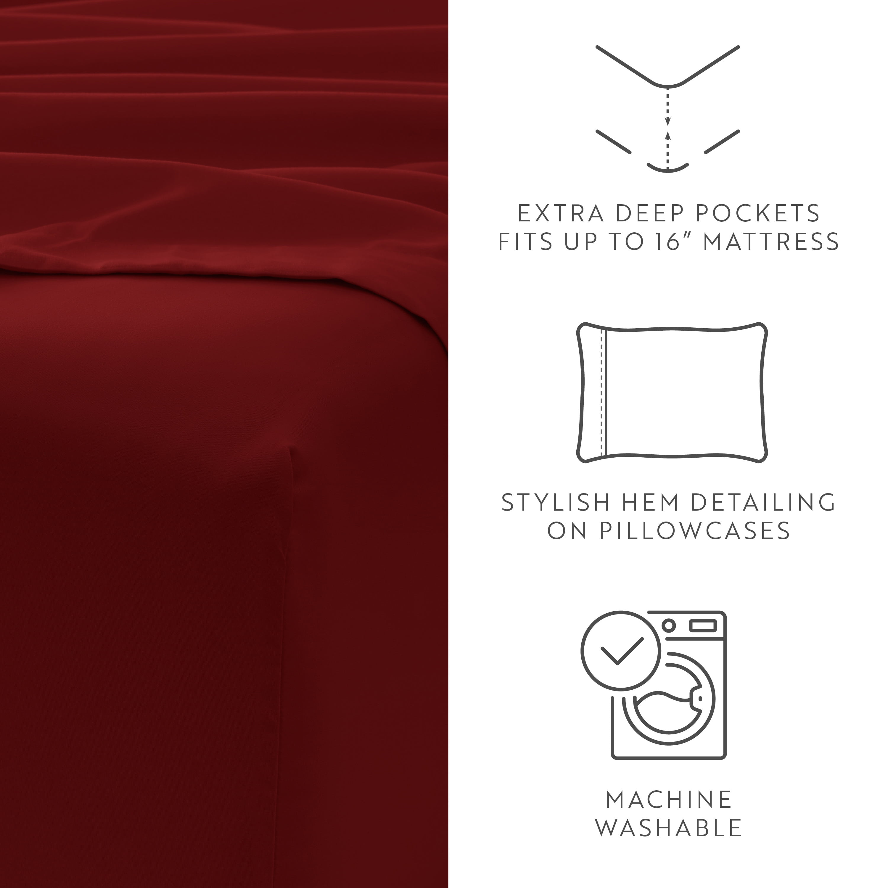 Queen, Burgundy Solid Microfiber 6 Piece Bed Sheet Set, by Noble Linens