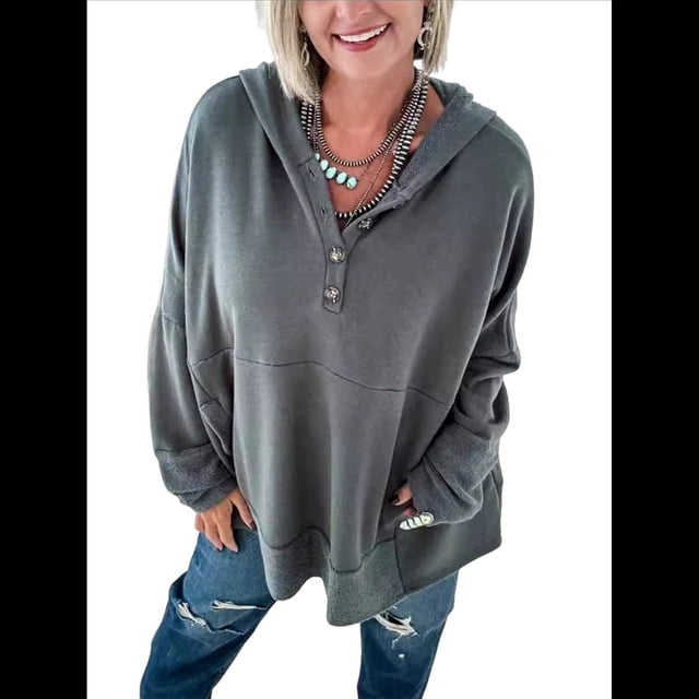 Sudaderas Oversize para Mujer, Sudaderas de Larga con Botones y Cuello Henley, Ropa de Otoño A . Gris Oscuro XL