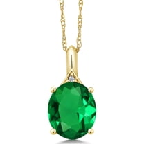 Gem Stone King 14K Yellow Gold Green Simulated Emerald and White Diamond Pendant Necklace for Women (4.02 Cttw, Oval 12X10MM, with 18 inch Chain)