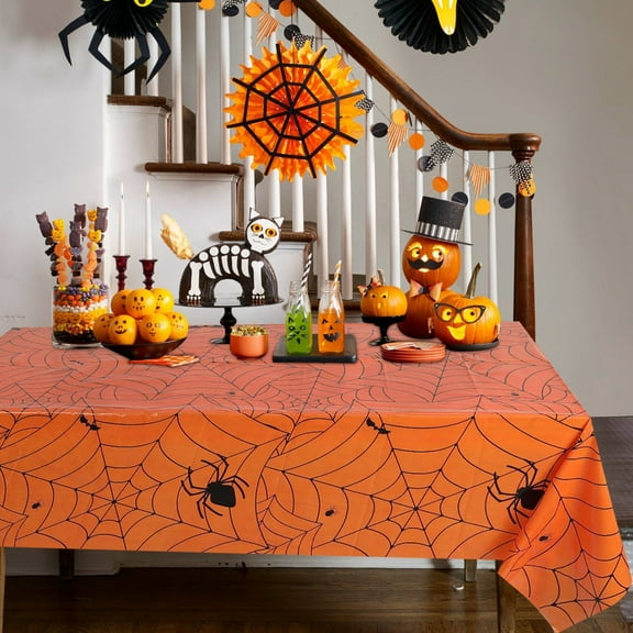 Dopebox Halloween Tablecloth Disposable Spider Wed for Halloween Party Decorations, Halloween Spiderweb Tablecloth Rectangular Plastic Spider Web Table Cloth, for Home Table Decor (Orange)