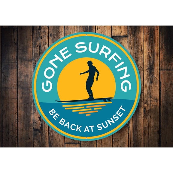 Gone Surfing Sunset Novelty Sign, Metal Wall Decor - 12" Round