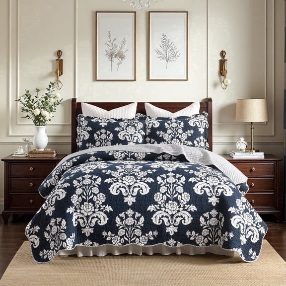 BCOTTOND Quilt Set Queen Size 3 Piece, 100% Cotton Navy Blue Damask Floral Bedding Set Reversible, Lightweight Quilted Bedspread for All Season, Navy