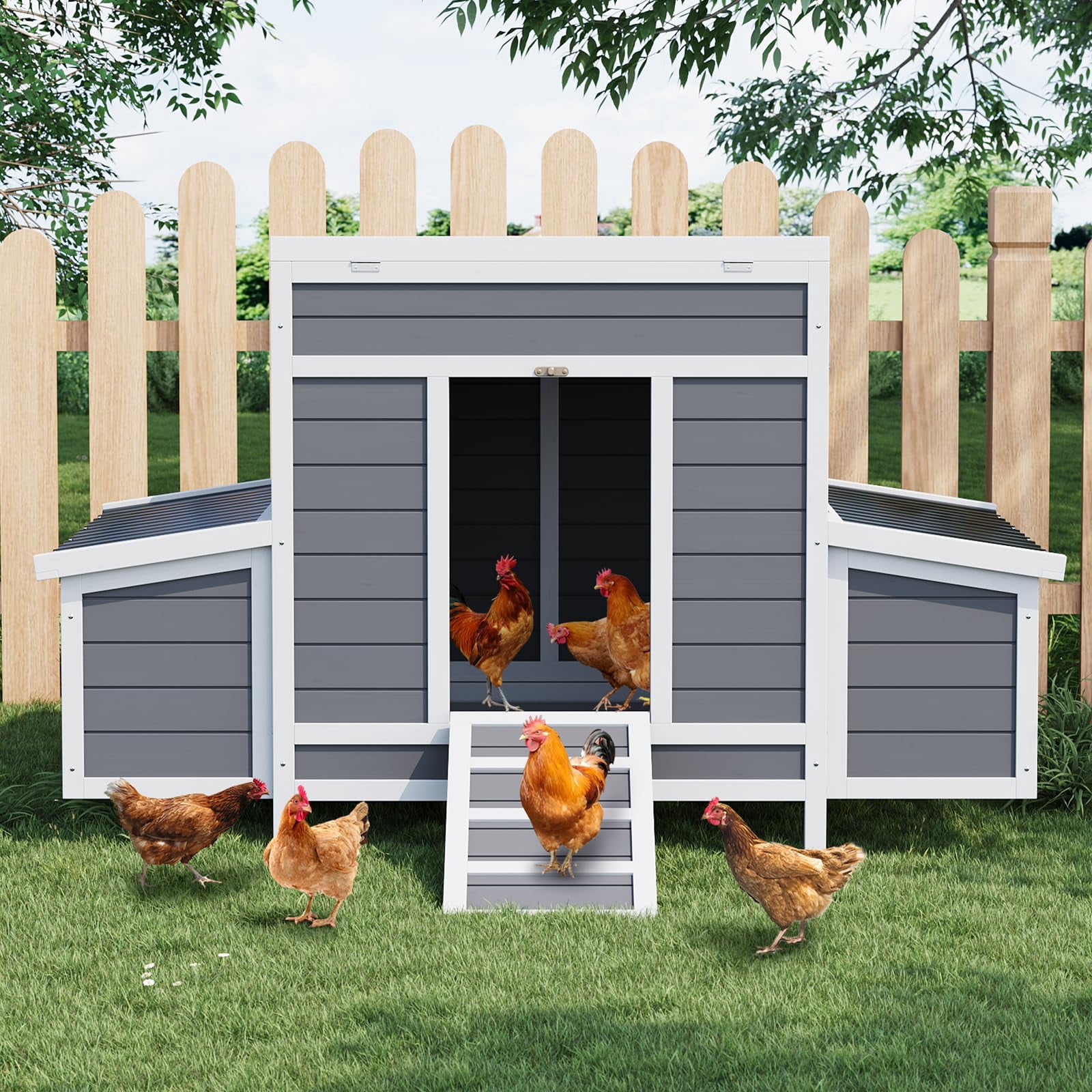 Huisuilinss Wooden Chicken Coop,Large Hen House For 4-6 Chickens,Outdoor Poultry Cage Rabbit Cage With 6 Nesting Boxes,Ramps & Tray