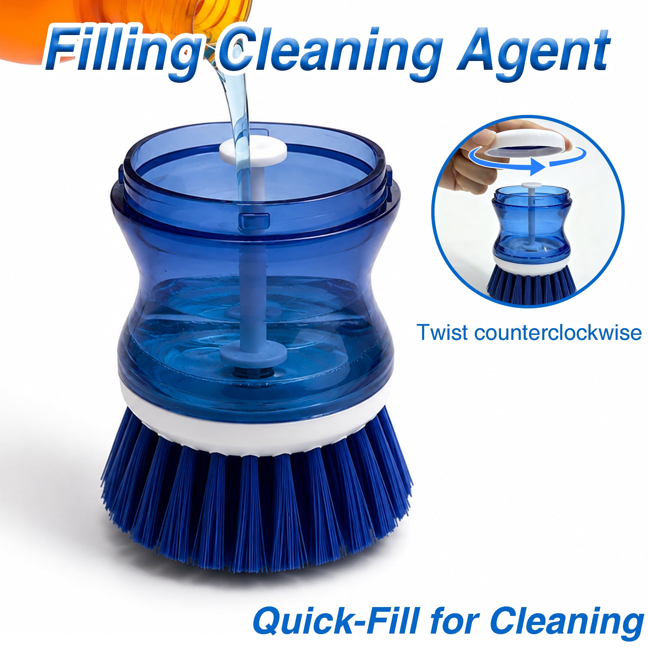GARITIN 2 Pcs Soap Dispensing Dish Brush, Press‑Type Handheld Kitchen Scrub Brush with Stiff Bristles for Pot Pan Sink Dishwashing Cleaning