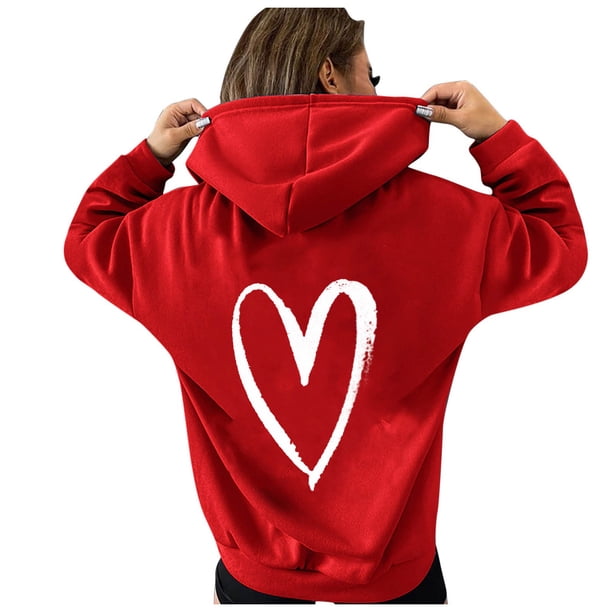 Gibobby Sudadera con capucha Sudadera para mujer Corazón suelto Impreso Manga larga O Cuello con bolsillo Sudaderas con capucha de informal Top (Rojo, S)