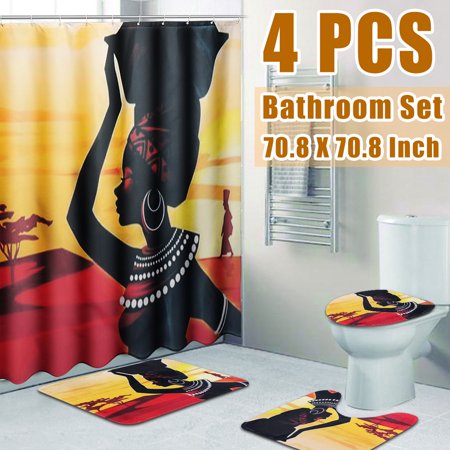 Exotic Shower Curtains 70.8 x 70.8 inches Waterproof Bathroom Set Exotic Customs African Girl Fabric Shower Curtain (with 12 hooks) OR 3pcs Toilet Cover Mats Non-Slip Rugs ()