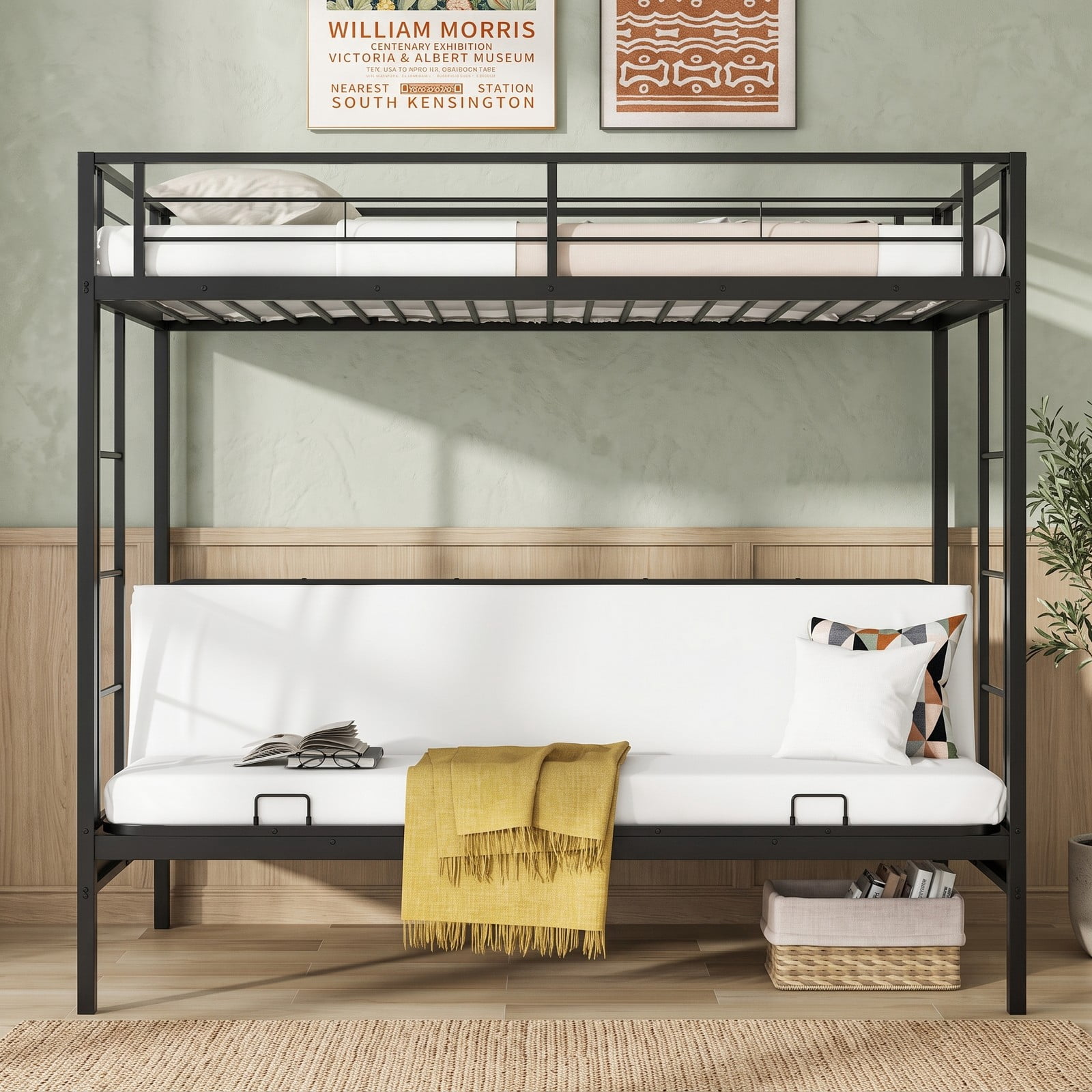 Furnibear Twin Over Futon Metal Bunk Bed with Convertible Sofa 2 Ladders and Guardrails for Guest Rooms and Dorms, Black