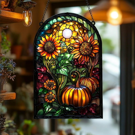 Sunflower Pumpkin Acrylic Suncatcher | Harvest Faux Stained Glass Window Hanging Autumn Decor Fall Season Decor